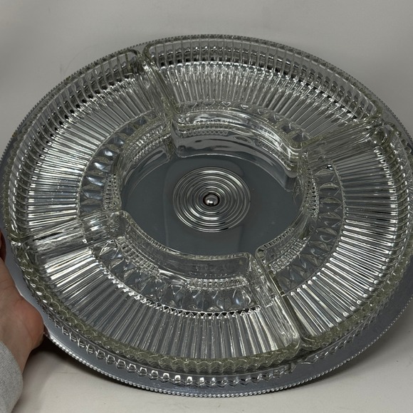 Vintage Kromex Lazy Susan Serving Tray 4 Glass Dividers Dip Container W Lid MCM - Picture 2 of 12